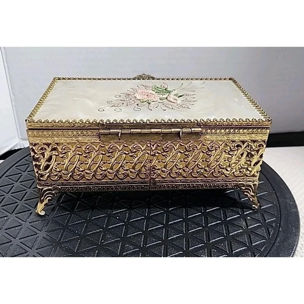 Vintage Art Nouveau Pearl Top Floral Jewelry Trinket Casket Box Filigree